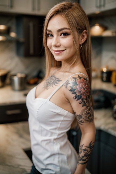 04059-3831514578-1girl, upper body, close-up,  looking at viewer, smile, standing, depth of field, tattoo, kitchen,.jpg
